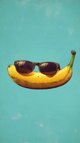 Stylized banana with sunglasses floats on minimal teal field