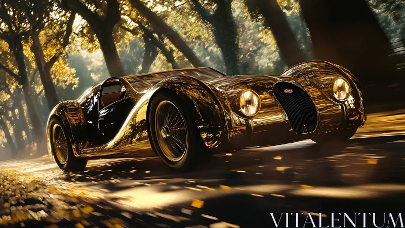 Streamlined gold coupe on forest road in directional light.