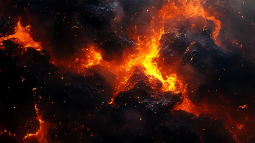 Intense lava flow with bright yellow-orange flames consuming dark volcanic rock