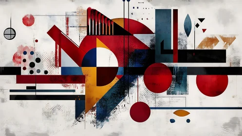 Geometric abstraction merges bold color blocks and circles.