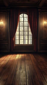 Sunlit manor window casts warm glow on polished floor.