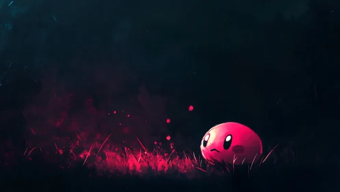Lonely pink orb glows softly in a dark neon meadow.