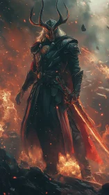 Armored horned warlord stands in volcanic inferno with flaming blade