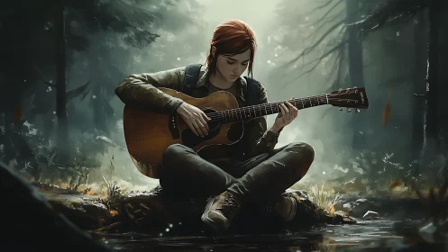 Guitarist rests in misty forest, lost in quiet melody.