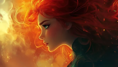 Firelit profile of a ember-haired sorceress in swirling glow.