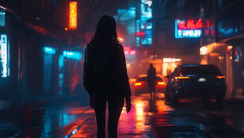 Silhouette walks through neon city street under rain at night