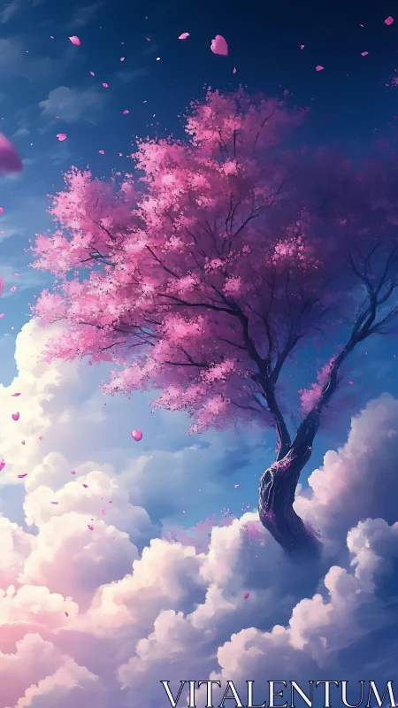 Cherry blossom tree drifts above clouds in dreamy twilight