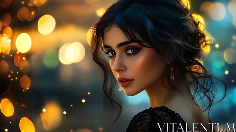 Brunette woman in bokeh city lights, luminous gaze, noir mood.