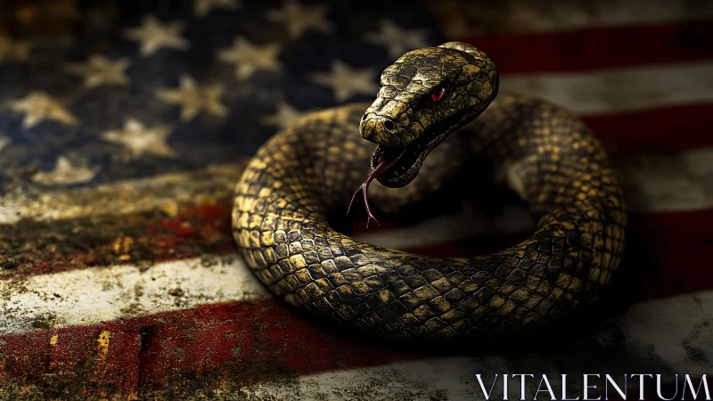 Coiled venomous snake on distressed American flag surface