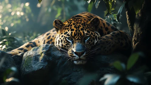 Resting jaguar reclines on mossy rock in misty rainforest