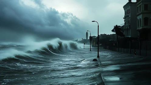 Storm surge engulfs coastal boulevard under cyan skies.