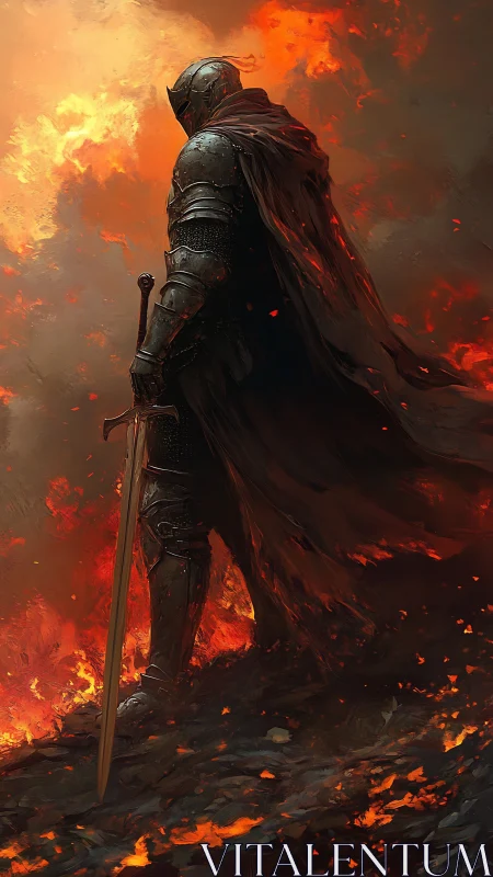 Dark armored knight stands amid blazing inferno sky.