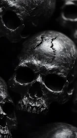 Gleaming cracked skulls emerge from a shadowed black void.