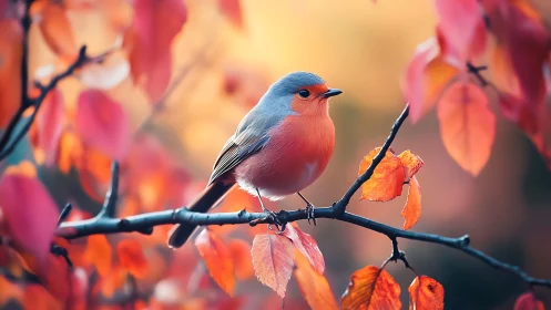 Vibrant robin perched on autumn branch in soft, dreamy focus.