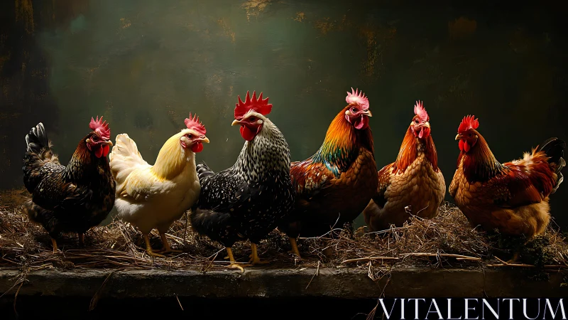 Seven rooster specimens displayed with precise plumage coloration and morphological variation