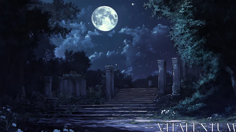 Moonlit forest ruins with ancient stone stairway at night.