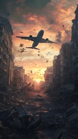 Airliner cuts through fiery sky above ruined city canyon.