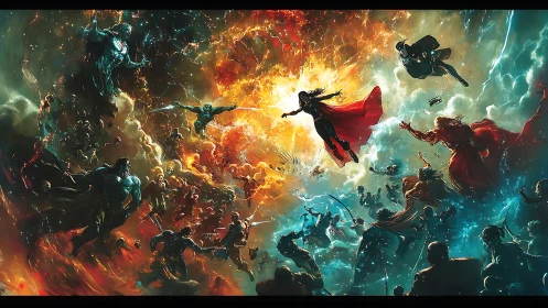 Cosmic clash of caped figures in divided fiery nebulae.