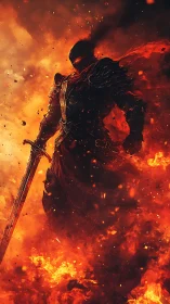 Inferno-clad abyssal knight stalking through living fire.