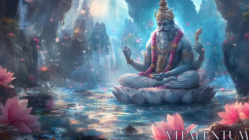 Serene blue deity meditates on lotus above radiant water.