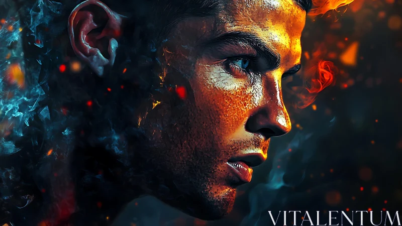 Hyperreal male portrait in fiery bokeh, blue ember smoke