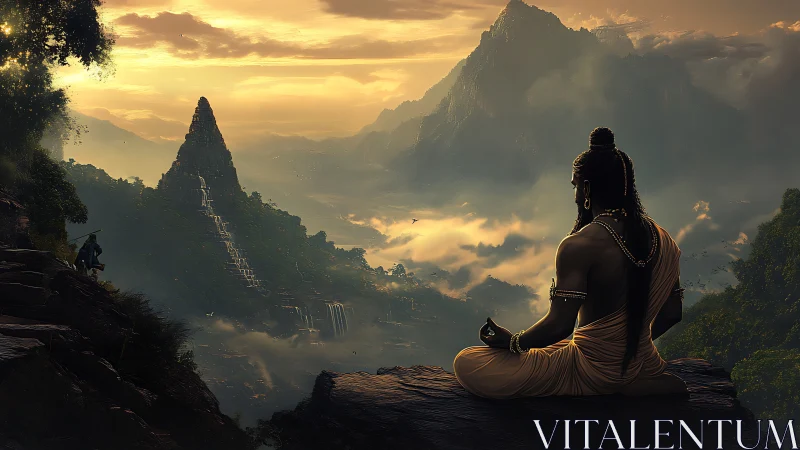 Sun-drenched sage overlooks misty temple valleys in silence