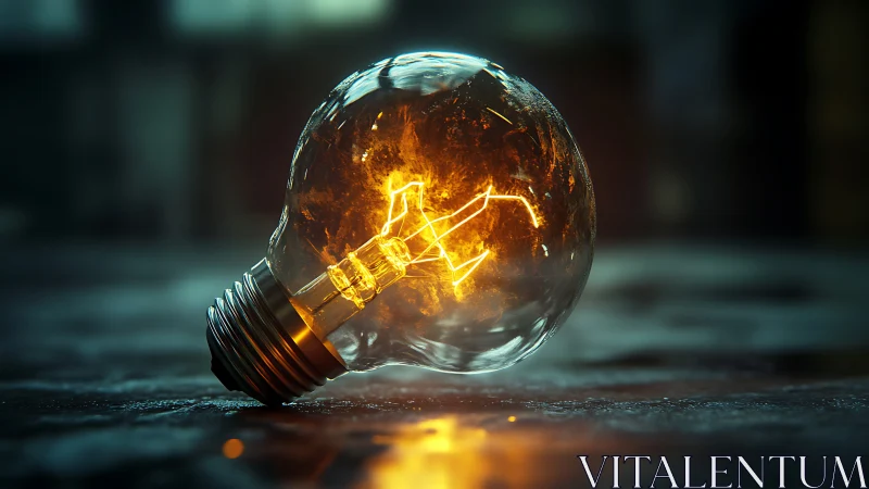 Glowing filament bulb burns softly on a moody industrial floor