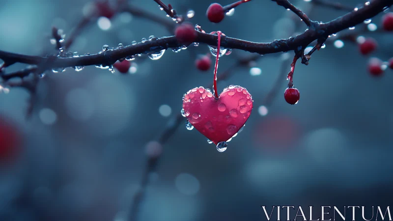 Crimson Heart Adorned with Dewdrops Hanging from Frost-Covered Branch.