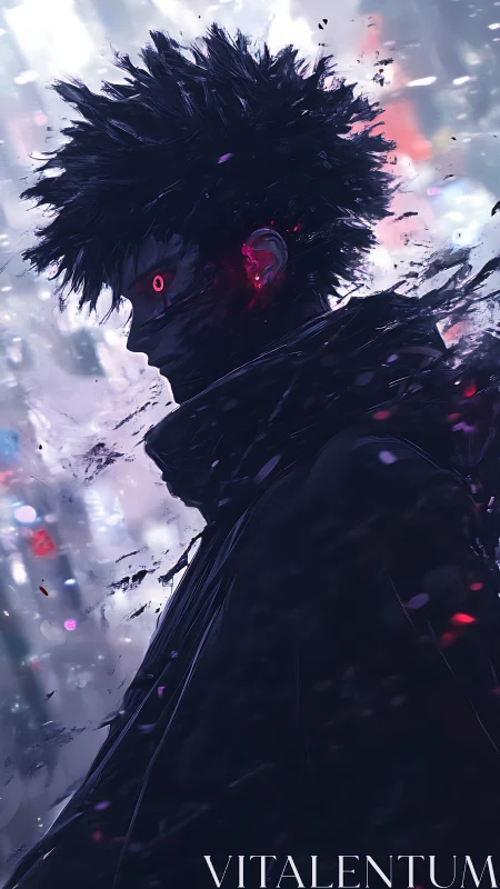 Dark profile of red‑eyed figure in abstract neon storm.