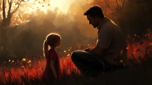 Father and daughter share a quiet moment in warm sunset field