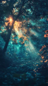 Golden Whispers Radiate Through the Teal-Drenched Forest Canopy