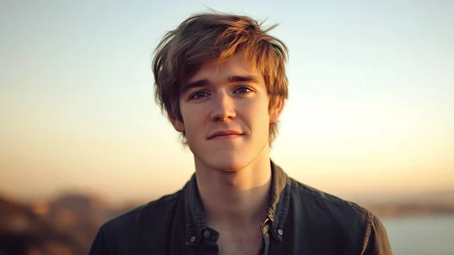Young man in sunset portrait with warm golden bokeh light.