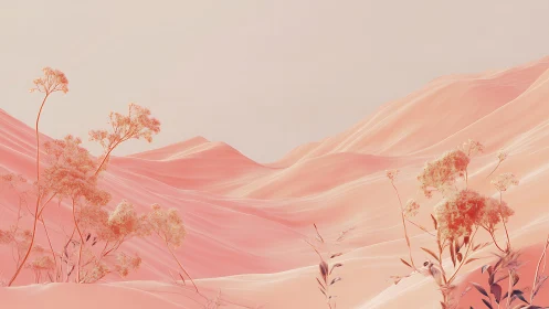 Soft pink desert dunes with sparse delicate plants.