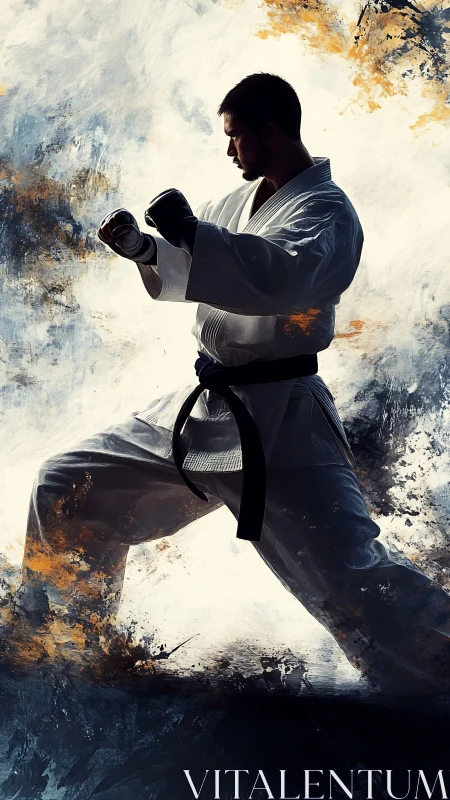 Martial artist in fighting stance amid abstract energy storm.