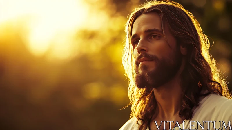 Long-haired bearded man stands outdoors in warm sunset light