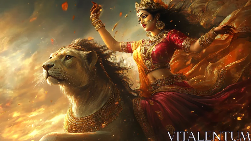 Lion-riding warrior goddess in radiant golden apocalypse.
