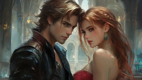 Two souls contemplate each other against crystalline towers