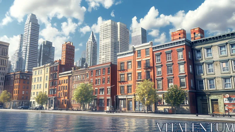 Sunlit riverside city block contrasts with modern skyline.