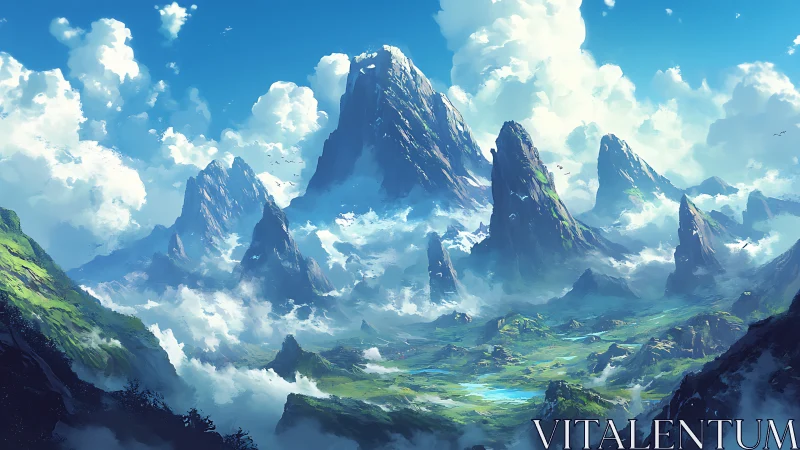 Sunlit fantasy peaks rising above a dreamy green valley.