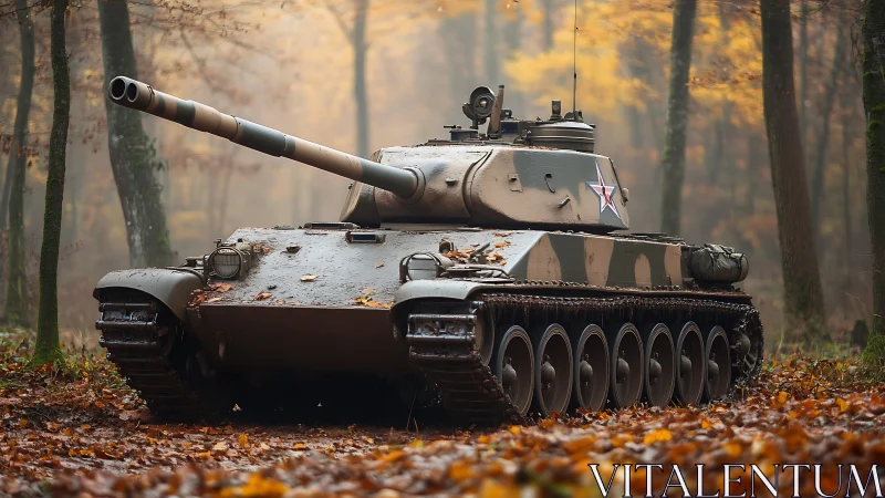 Steel colossus idles in misty autumn forest stillness.