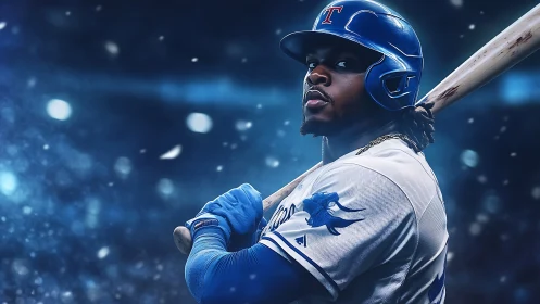 Baseball batter in blue uniform under stadium lights at night.