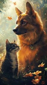 Dog and cat composition with butterflies in warm-toned forest setting.