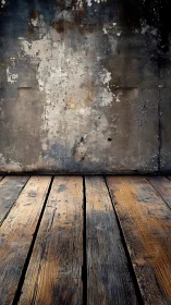 Weathered wooden floor with distressed concrete backdrop.