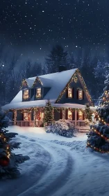 Snow-covered house displays winter lights under night sky