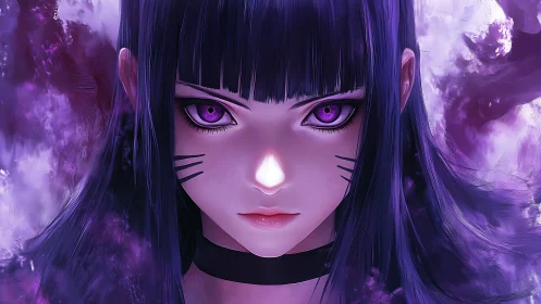 Anime portrait with violet chroma focus and frontal symmetry.