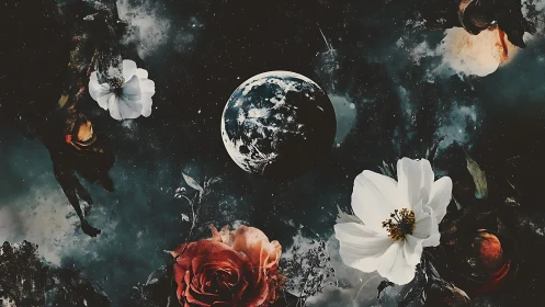 Moonlit blossoms drift gently through a dreamy cosmic night