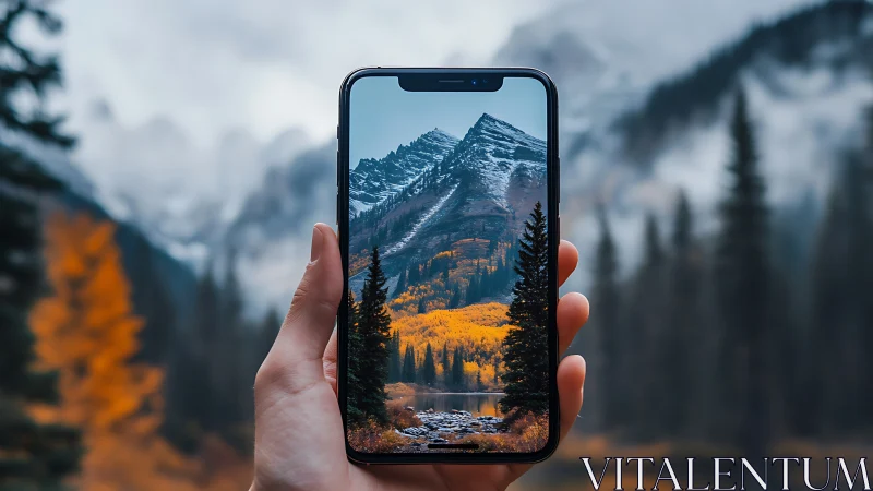 Mobile screen frames sharp alpine landscape with depth contrast