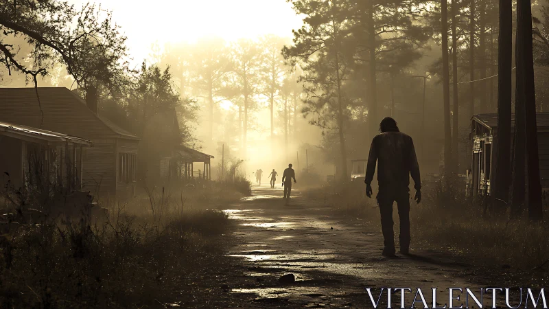 Silhouetted figures walk down foggy rural street at sunrise