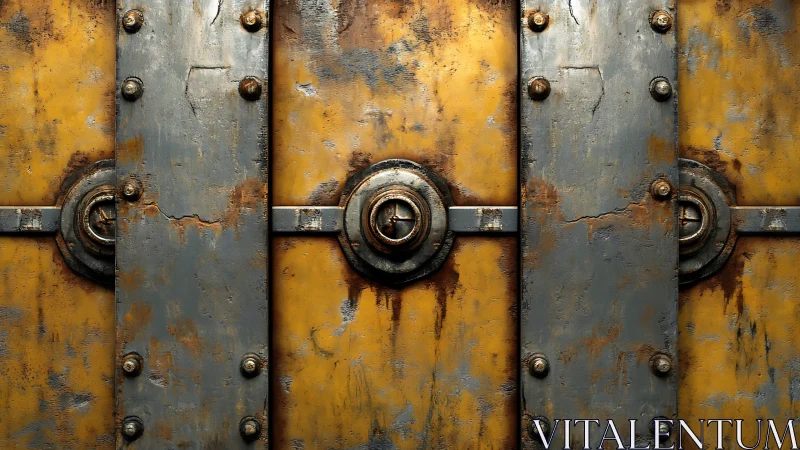 Rusted yellow metal panels with bolted steel reinforcements.