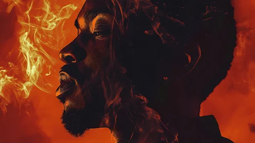 Portrait in burning smoke merges profile with fiery haze.